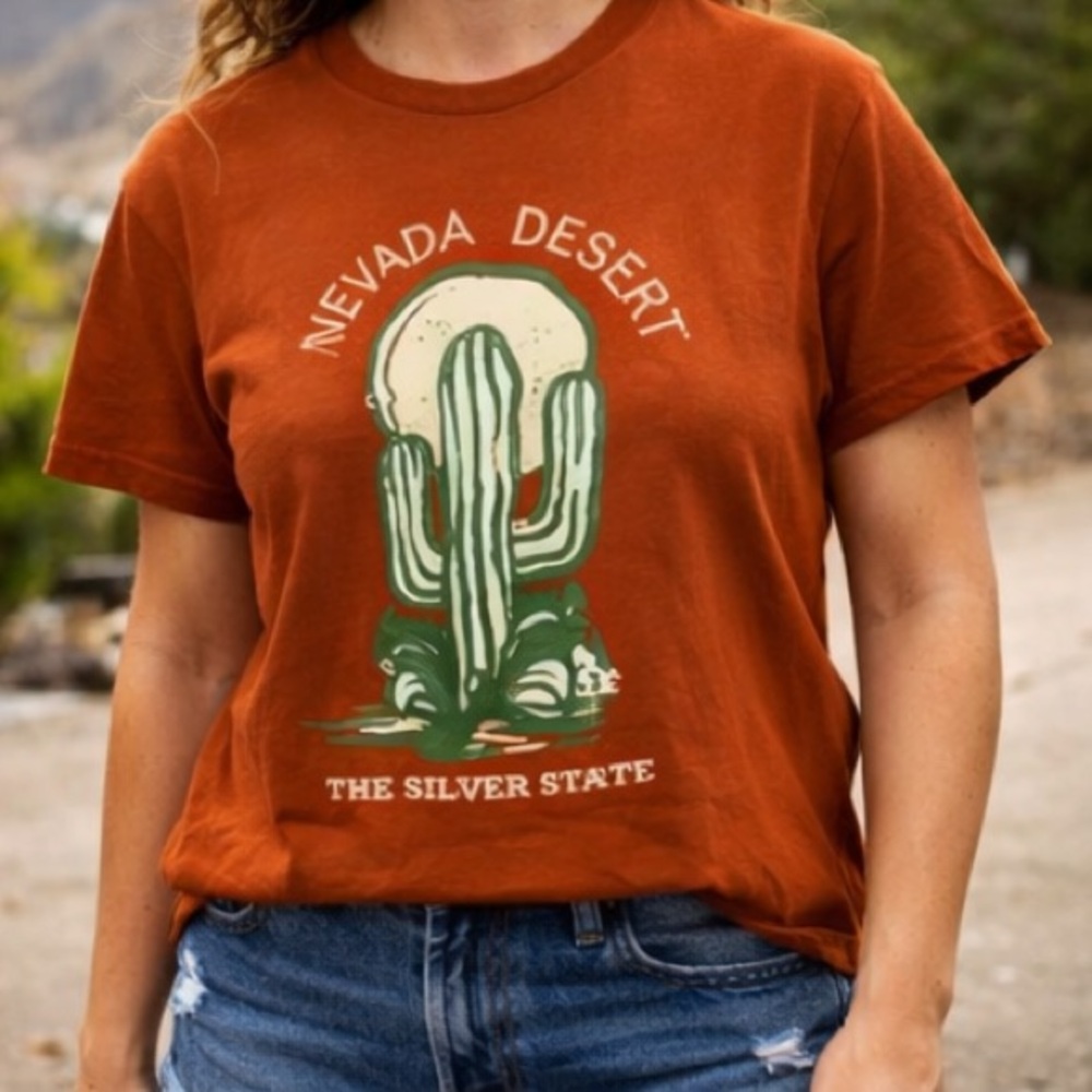 Primark Women’s Terracotta Cactus Desert Graphic T-Shirt Medium Crew Neck Tee